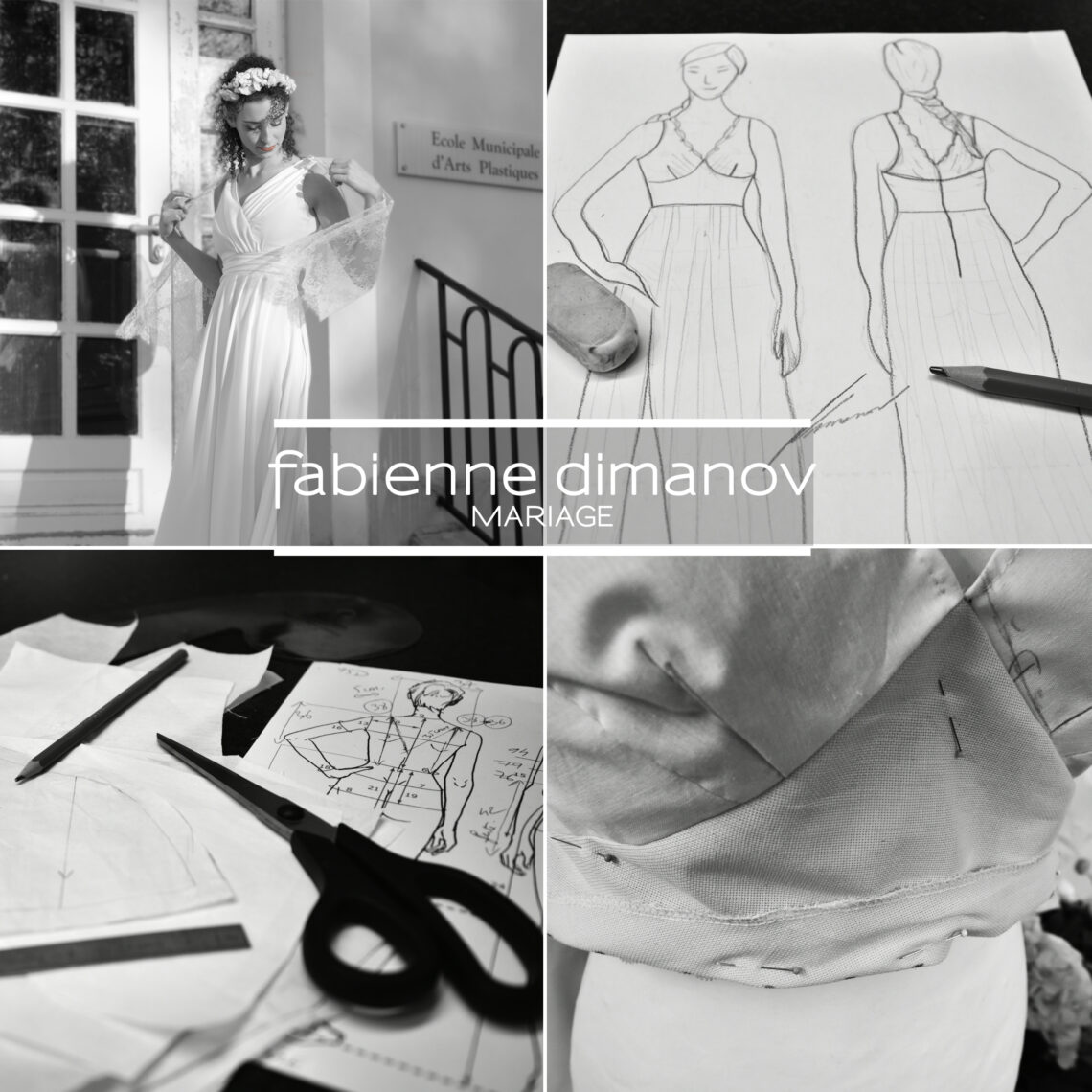 création d'une robe de mariée sur mesure du croquis à l'essayage final - Fabienne Dimanov Mariage